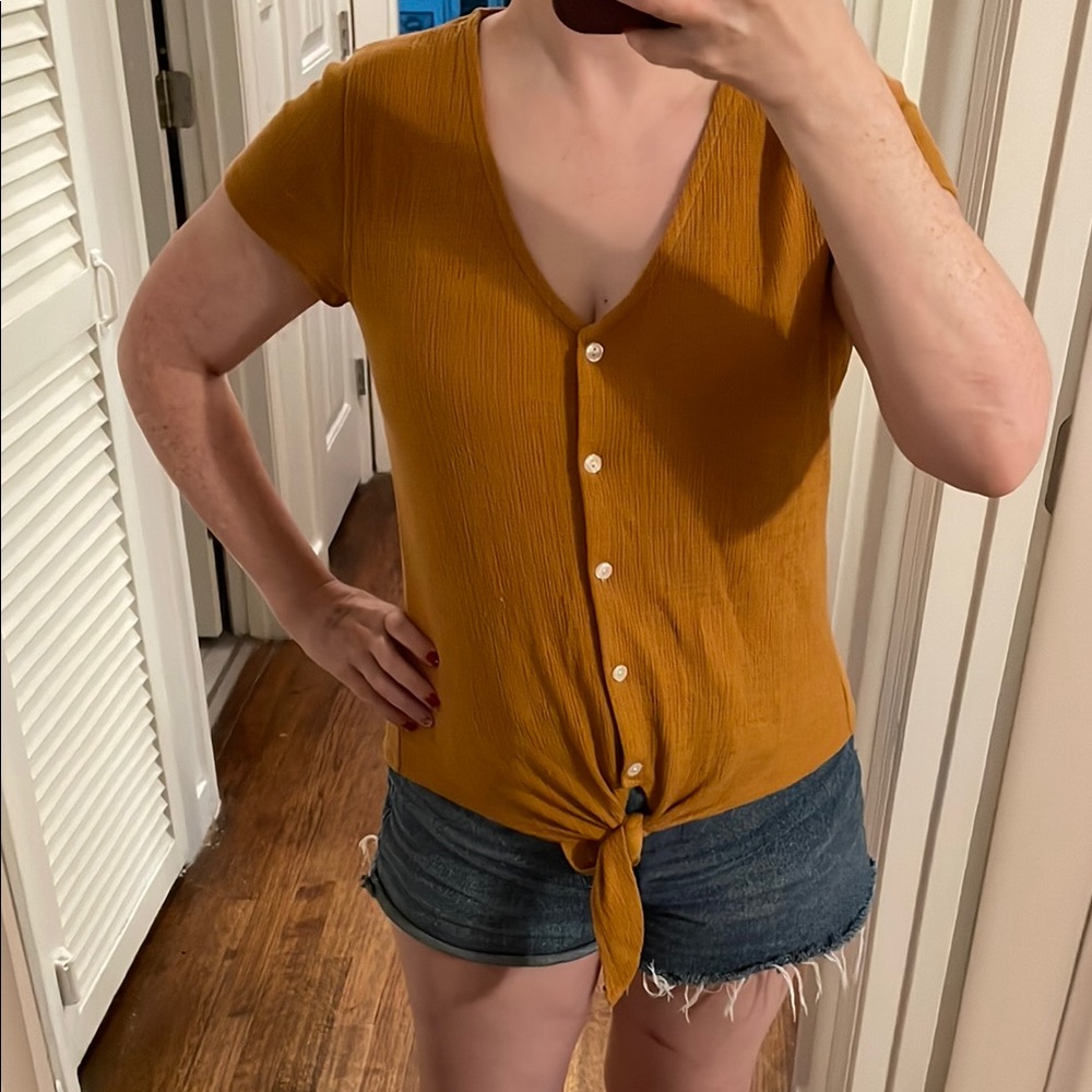 J. Crew Mustard Button-Down Tie-Front Shirt